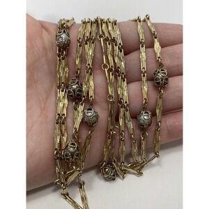 Necklace Vintage Caged Pearls Gold Tone Metal Beads Linked 30”